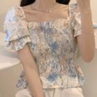 Puff-sleeve Floral Print Blouse Blue & Almond & White - One Size