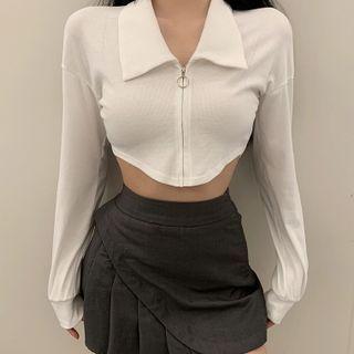 Collared Asymmetrical Hem Zip-up Crop Top