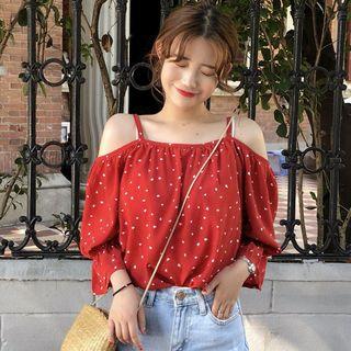 Heart Print 3/4-sleeve Cold-shoulder Blouse