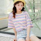 Lettering Striped Elbow-sleeve T-shirt Stripe - Purple & Pink - One Size