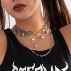 Set Of 4: Alloy Necklace + Bear Pendant Alloy Necklace + Heart Alloy Choker + Butterfly Alloy Choker Set Of 4 - Red & Yellow & Blue & Green & Silver - One Size