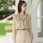 Striped Open-collar Shirt Stripe - Khaki & White - One Size