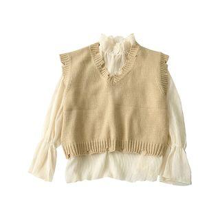Cropped Knit Vest / Mock-neck Sheer Blouse