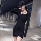 Long-sleeve Square Neck Shirred Mini Dress