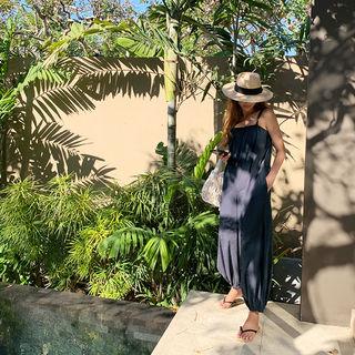 Spaghetti-strap Jogger Jumpsuit Navy Blue - One Size