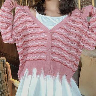 V-neck Distressed Wave Pattern Knit Cardigan