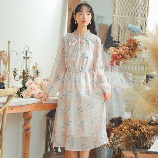 Tie-neck Floral Print Midi A-line Dress