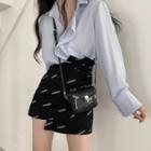 Long-sleeve Ruffled Blouse / Lettering Print Mini A-line Skirt