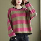 Long-sleeve Contrast Trim Striped T-shirt Pink & Khaki - One Size