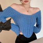 Off-shoulder Ribbed Knit Top Blue - One Size