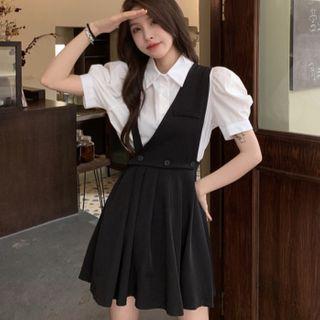 Set: Puff-sleeve Plain Blouse + One-shoulder Plain Asymmetric Pleated Dress