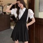 Set: Puff-sleeve Plain Blouse + One-shoulder Plain Asymmetric Pleated Dress