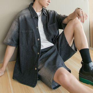 Short Sleeve Gradient Pocket Denim Shirt / Straight Leg Denim Shorts
