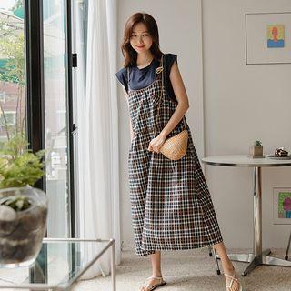 Shirred Plaid Maxi Overall Dress