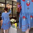 Round-neck Embroidered Denim Dress