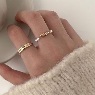 Set: Faux Pearl Chain Ring + Alloy Ring Set Of 2 - Gold - One Size