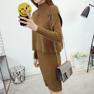 Set: Rib Knit Dress + Knit Vest