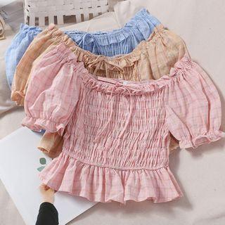 Plaid Puff-sleeve Cropped Crinkle Blouse