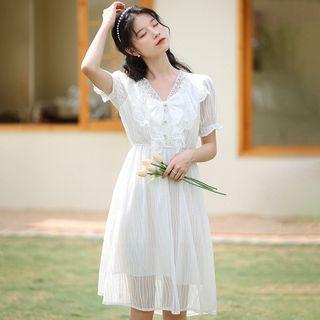 Short-sleeve V-neck Beaded A-line Dress