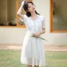 Short-sleeve V-neck Beaded A-line Dress