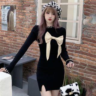 Long-sleeve Bow Slit Knit Shaping Dress Black - One Size