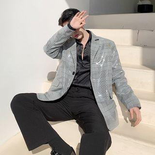 Single-breasted Plaid Sequin Blazer