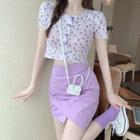 Floral Print Short-sleeve Crop Top / Asymmetric Mini Pencil Skirt