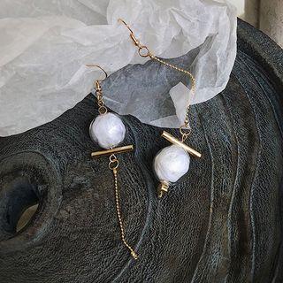 Non-matching Bead Dangle Earring 1 Pair - Gold - One Size