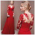 V-neck Lace Panel Evening Gown