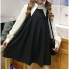 Long Sleeve Tip Collared Blouse / Pleated Pinafore Dress