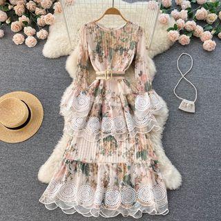 Long-sleeve Floral Lace Panel Midi A-line Dress