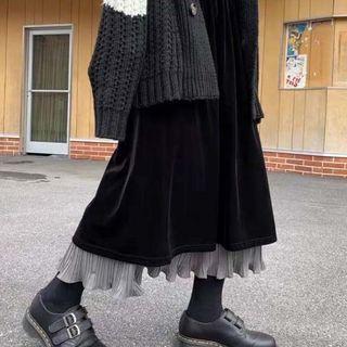 Two-tone Ruffle Trim Velvet Midi A-line Skirt