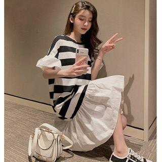 Striped Short-sleeve Ruffle Dress Black - One Size