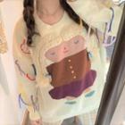 Cartoon Print Fringed Trim Sweater White - One Size