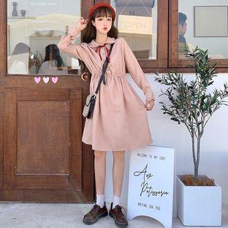 Corduroy Tie-neck A-line Shirtdress
