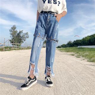 Eyelet Detail Ripped Straight-cut Jeans