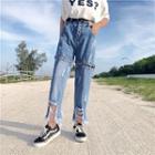 Eyelet Detail Ripped Straight-cut Jeans