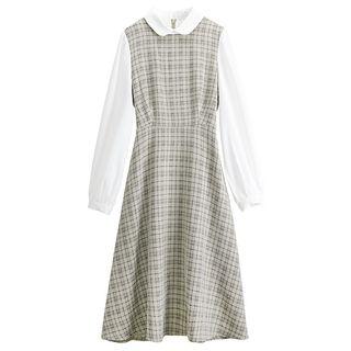 Long-sleeve Collared A-line Plaid Dress