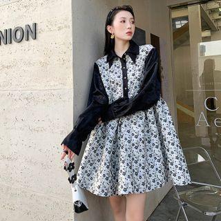 Long-sleeve Flower Print Collared Mini A-line Dress