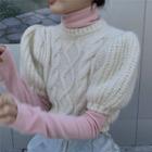 Puff-sleeve Round Neck Cable Knit Cropped Sweater / Long-sleeve Turtleneck Plain Thermal Top