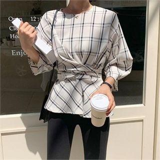 Puff-sleeve Tie-waist Checked Top Ivory - One Size