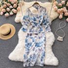 Print Halter Puff-sleeve Slit Dress