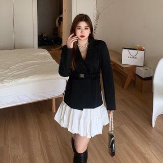 Plus Size Plain Jacket With Belt / Plain A-line Skirt