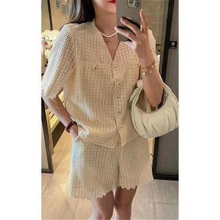Set: Short-sleeve V-neck Pointelle Blouse + Shorts