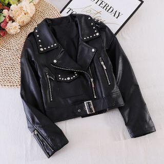 Zip Lapel Faux Leather Studded Biker Jacket