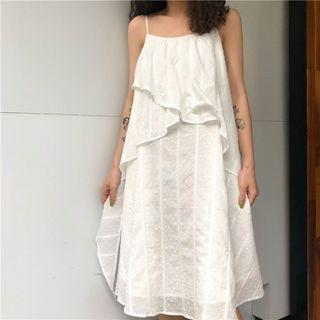 Spaghetti Strap Ruffle Trim Midi Dress White - One Size