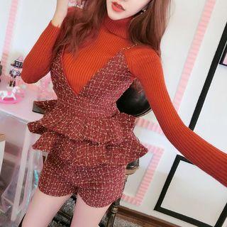 Set: V-neck Ruffle Hem Tweed Camisole Top + Tweed Shorts