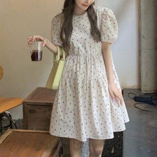 Puff-sleeve Dotted Waist Dress As Shown In Figure - One Size