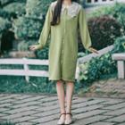 Long-sleeve Paneled Wide Collar Knit Midi Dress Green - One Size