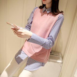 Set: Striped Shirt + Plain Knit Vest